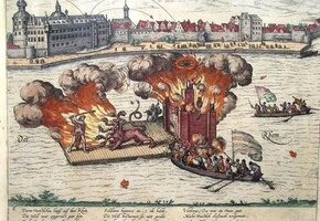 Wikipedia: Kupferstich von Franz Hogenburg in D.Graminäus "Beschreibung derer Fuerstlich Gueligscher Hochzeit ...", Köln 1587, Feuerwerk auf dem Rheinstrome. Taten des Herkules